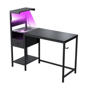 black home office pc workstation study writing table with power outlet storage shelves usb ports charging station computer desk