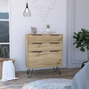 praga three drawer dresser with superior top and hairpin legs