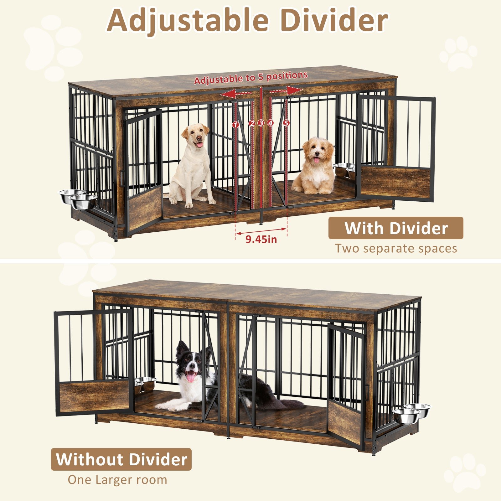 48 inch dog cage furniture, large dog kennel indoor with 2 adjustable bowls