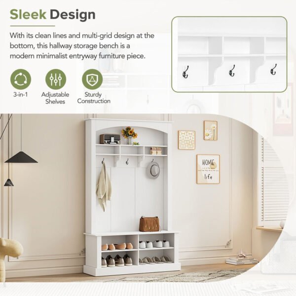 47.2'' wide hall tree with bench and shoe storage, multi functional storage bench with 3 hanging hooks & open storage space