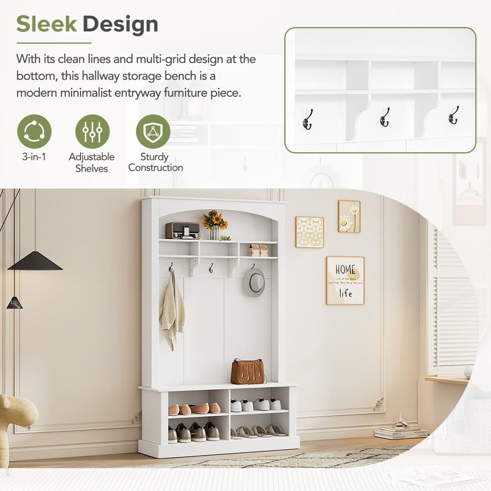 47.2'' wide hall tree with bench and shoe storage, multi functional storage bench with 3 hanging hooks & open storage space