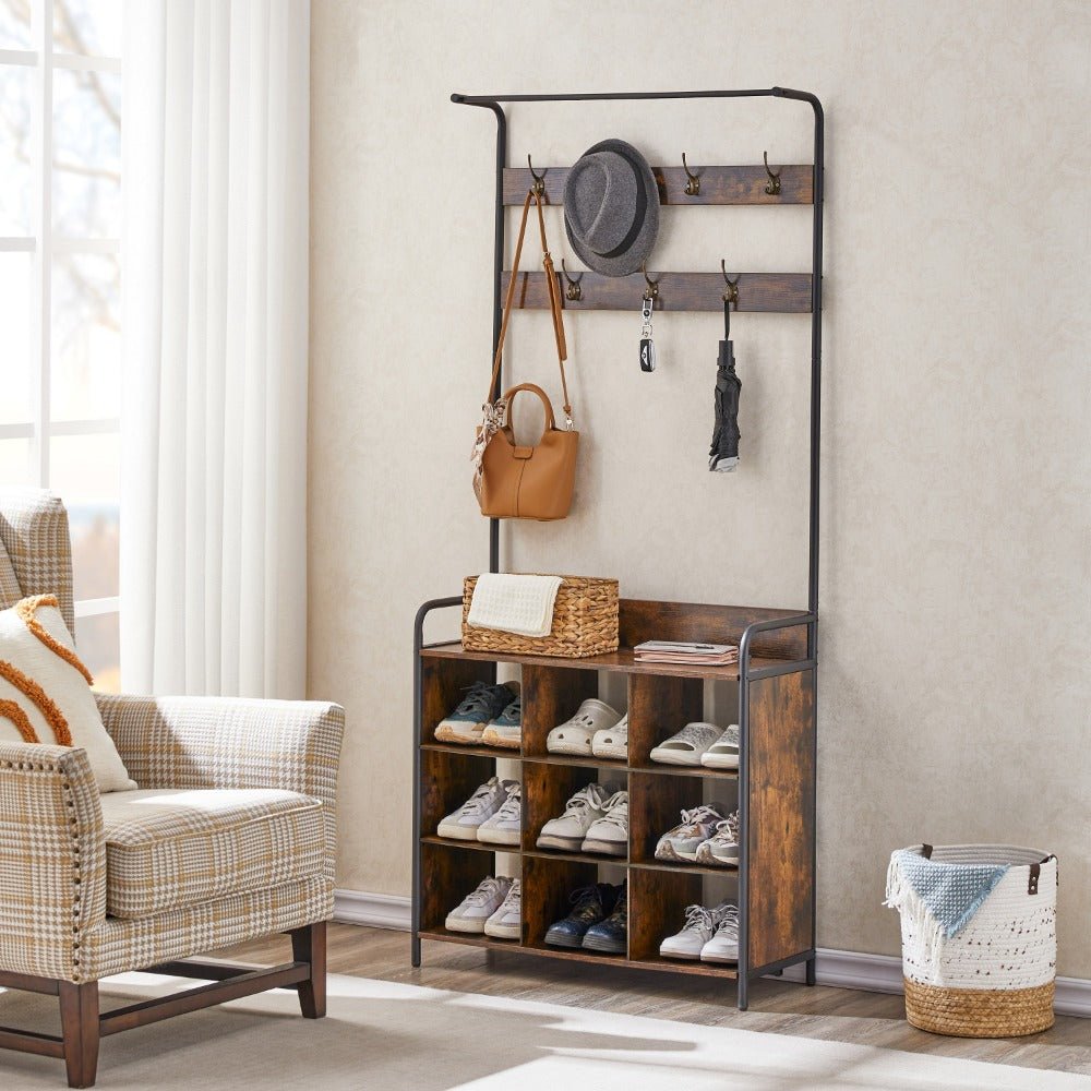 3 in 1 entryway coat rack and storage organizer with shoe rack 7 hooks and hanging rod perfect for hallway or entryway