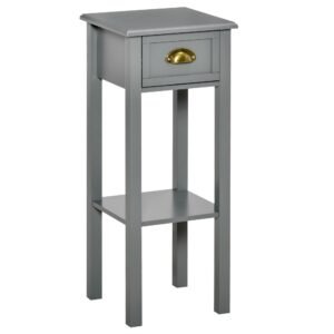 2 tier gray tall side table with drawer bottom shelf narrow accent night stand space saving for living room bedroom