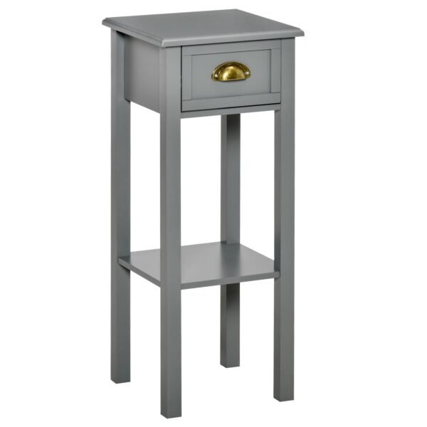 2 tier gray tall side table with drawer bottom shelf narrow accent night stand space saving for living room bedroom