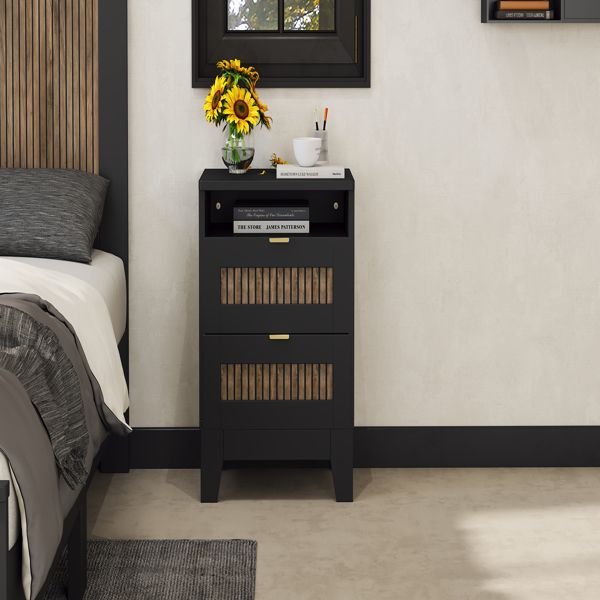 2 drawer black farmhouse nightstand with wooden strip decoration metal handle wood side table for bedroom storage cabinet