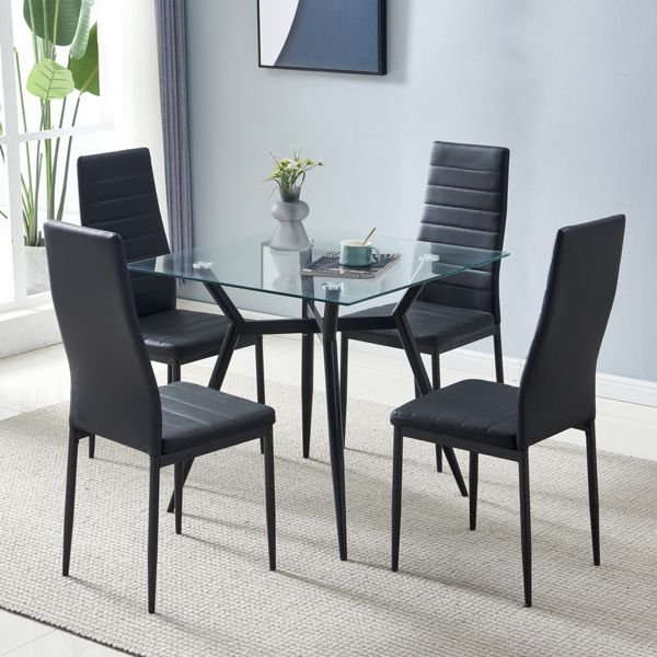 4pcs elegant black dining chairs with high backrest assembled stripping texture elegant high end dining chair set