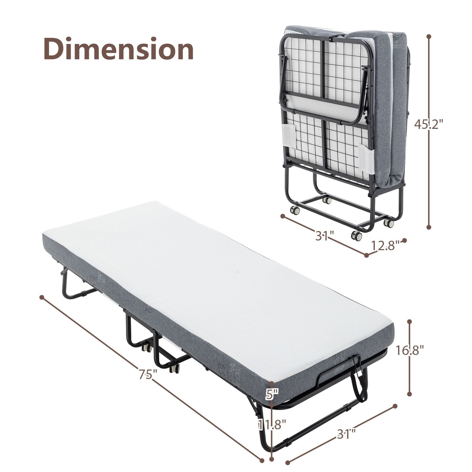 portable 75 in. x 31 in. metal frame rollaway bed with memory foam mattress & wheels 31 in. folding bed