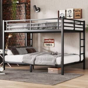 black queen over queen metal bunk bed for teens and adults space saving & noise reduced no box spring needed