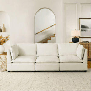 modern comfortable chenille upholstered 3 seat sofa 2 lumbar pillows deep seat sleeper for living room office studio beige white