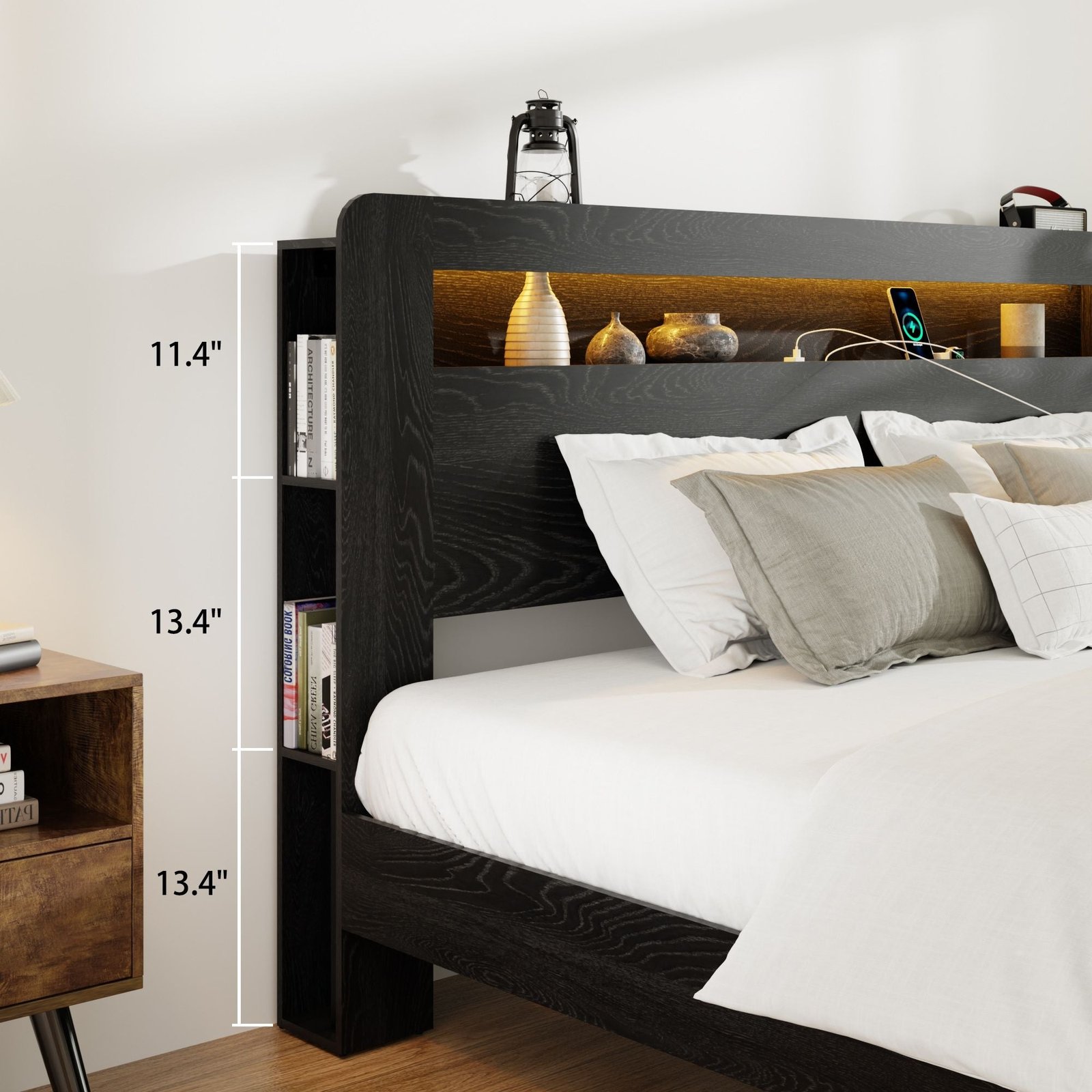 dark black queen size wood platform bed frame led light headboard usb ports no box spring needed easy assembly large storage