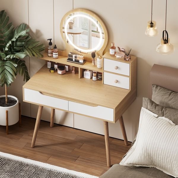adjustable lighted mirror makeup vanity desk 4 drawers 3 open shelves solid wood table feet small space bedroom dressing table