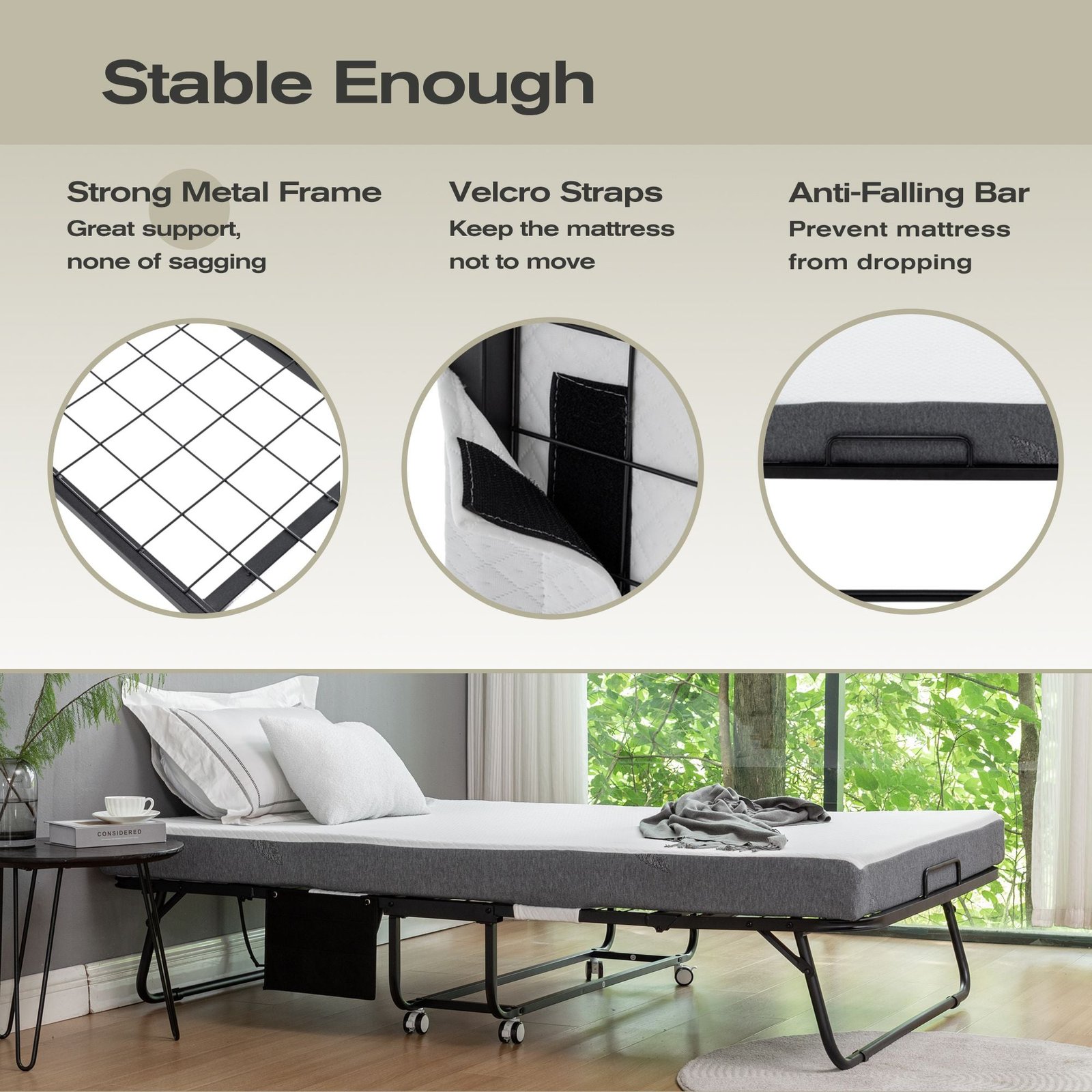 75 in. x 45 in. portable metal frame rollaway bed memory foam mattress wheels 45 in. x 75 in. folding metal bed bedroom