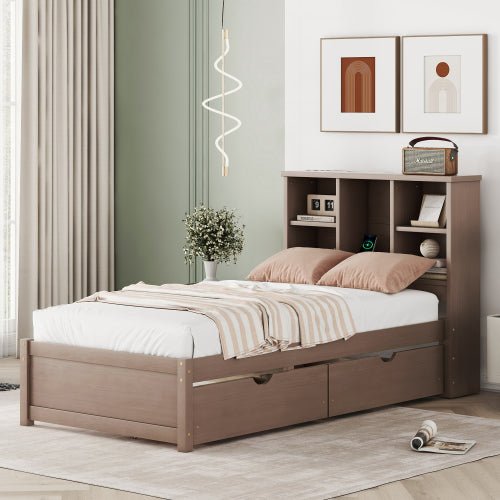 fcj modern twin size bed frame tufted design bookcase headboard 2 drawers built in usb port walnut color featuring storage space