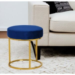 blue velvet and gold round footstool ottoman 16" hms linen material for bedroom or living room use soft and extendable seat