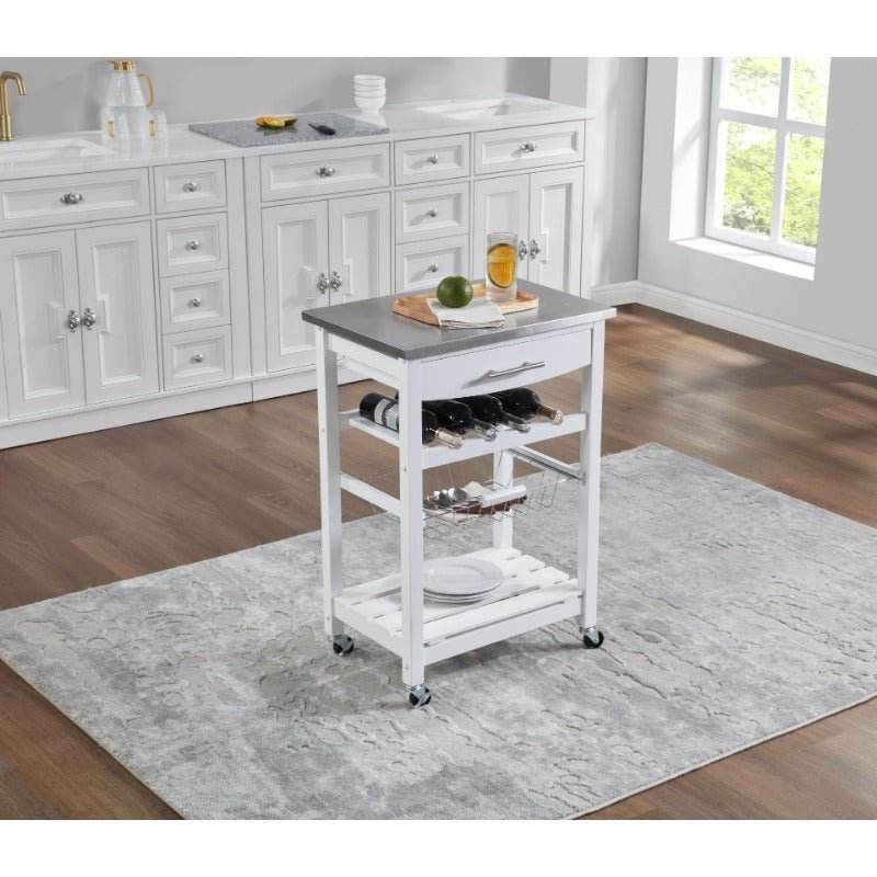 mobile rolling kitchen island trolley serving cart with underneath drawer & slide out wire storage basket