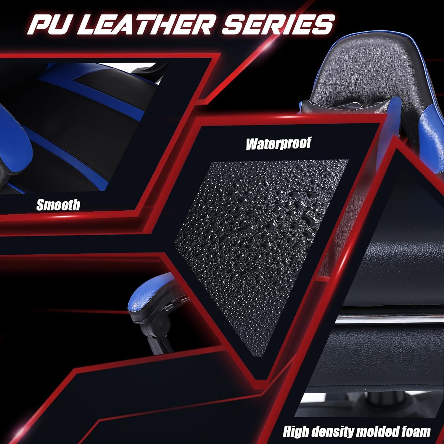 adjustable blue lift chair with revolving feature synthetic leather stainless steel game chair with lumbar pillow and footrest