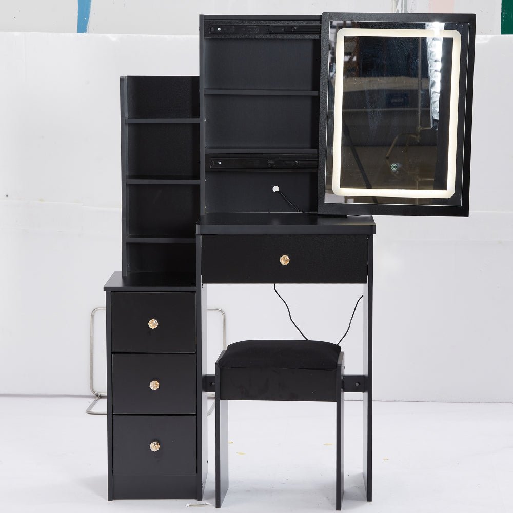 29.2" small space left bedside cabinet vanity table + cushioned stool, extra large right sliding mirror