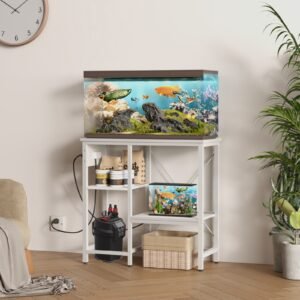 0 29 gallon fish tank stand with power outlet & led light, metal aquarium stand with 3 tier adjustable storage shelves, white