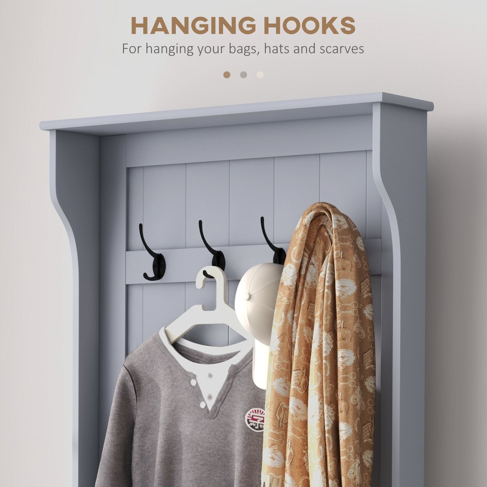gray entryway hall tree coat rack with sitting bench and storage hooks for mudroom use