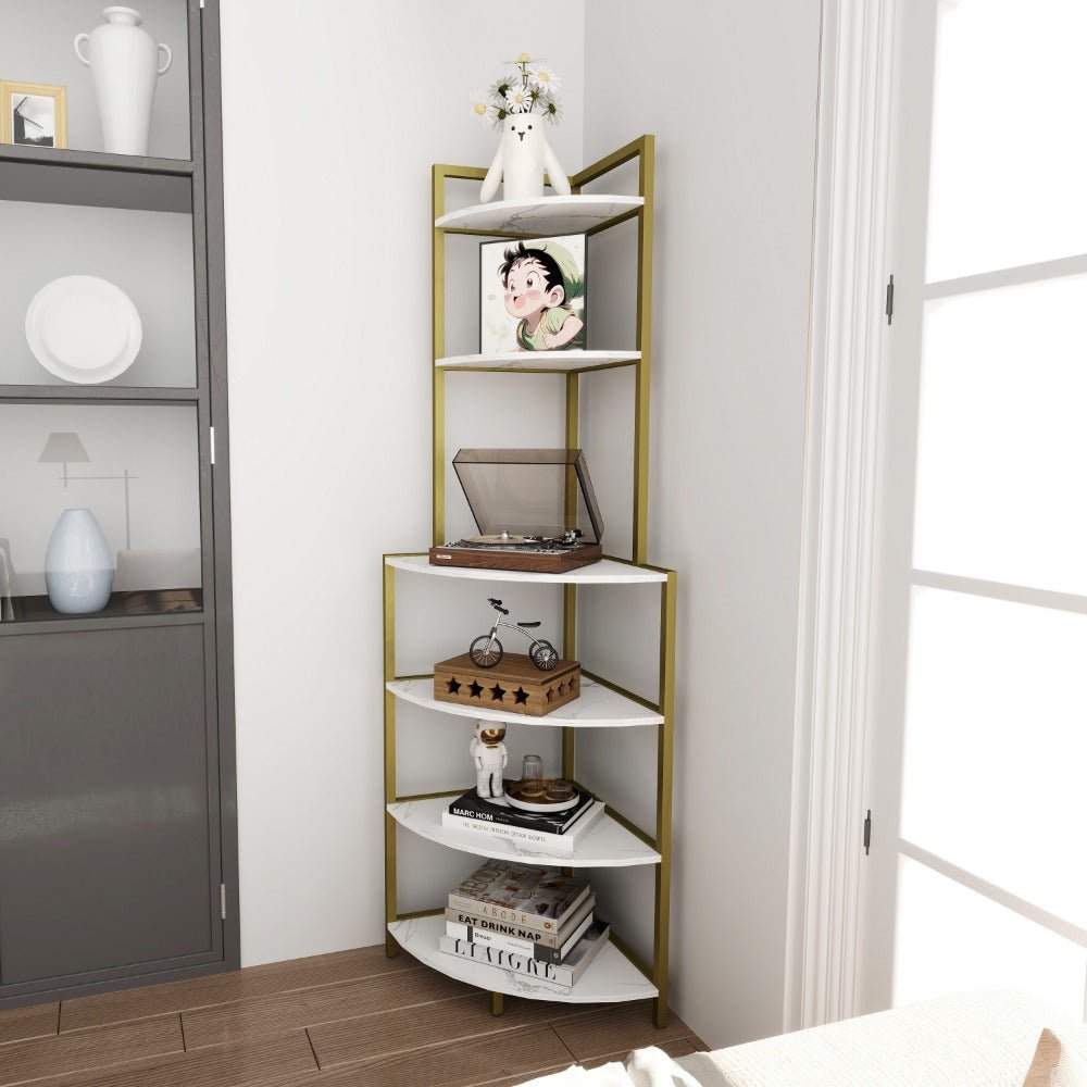 6 tier corner open shelf modern bookcase wood rack freestanding shelving unit,plant album trinket sturdy stand small bookshelf