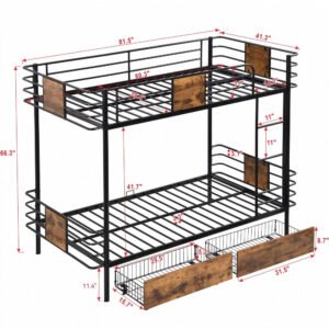 twin xl over twin xl metal bunk bed with mdf board guardrail and two storage drawers,black