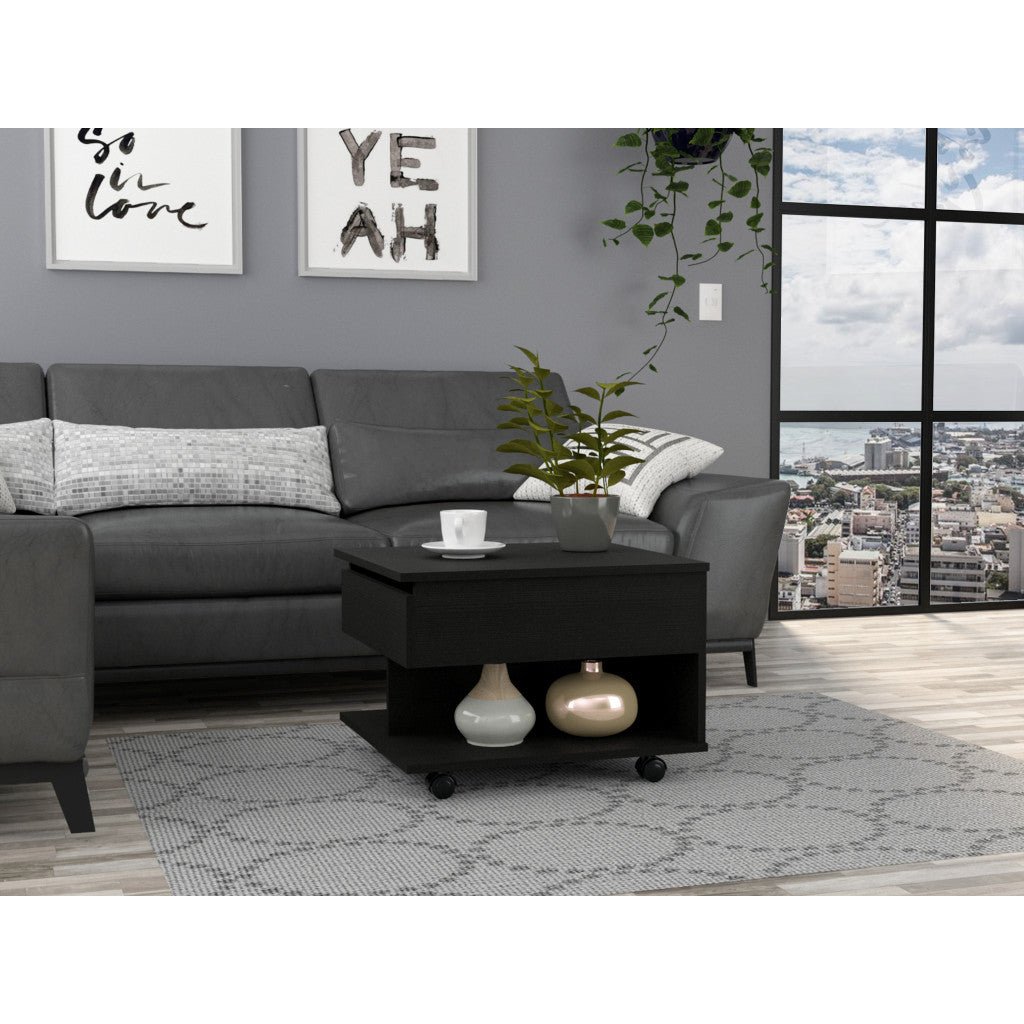 22" black manufactured wood rectangular lift top coffee table with drawer hms design