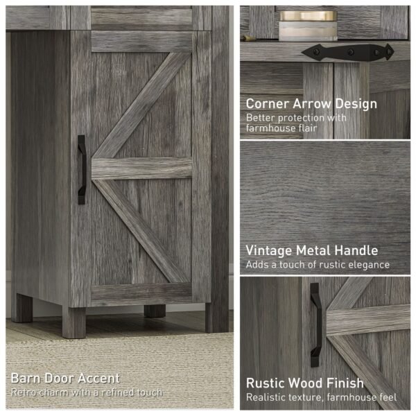 gray vanity desk set with comfortable cushioned stool storage drawer cabinet shelves for bedroom features mirror and lights