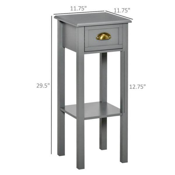 2 tier gray tall side table with drawer bottom shelf narrow accent night stand space saving for living room bedroom