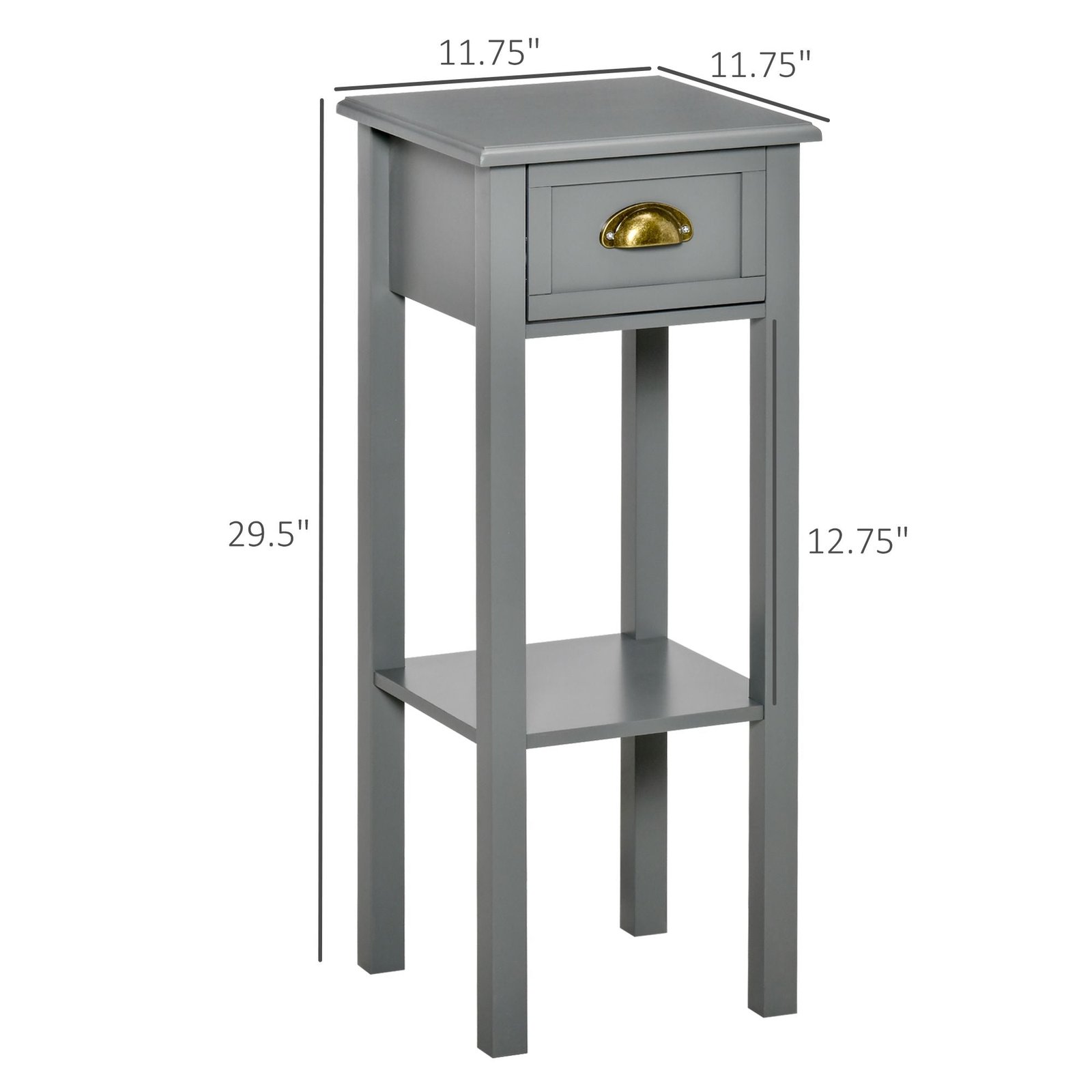 2 tier gray tall side table with drawer bottom shelf narrow accent night stand space saving for living room bedroom