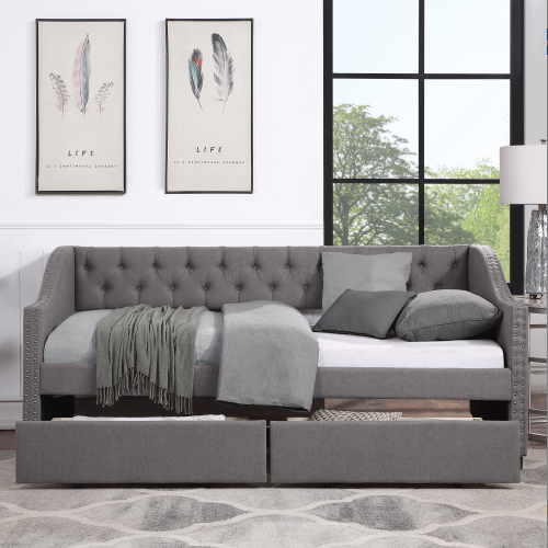 fcj luxury gray daybed with two drawers queen and king sizes twin size upholstered soft bed with wood slat support