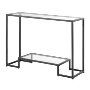 modern 2 tier glass console table golden iron legs anti tip device black rectangle sofa side desk for living room entryway foyer