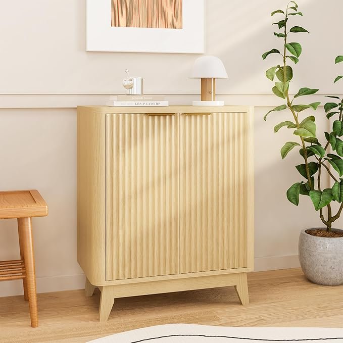 2 door fluted sideboard buffet natural oak aesthetic curved design adjustable shelf entryway console table living room cabinet