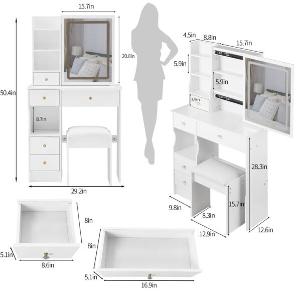 29.2" small size left drawer desktop vanity table + cushioned stool, large sliding, touch control, tri color switching