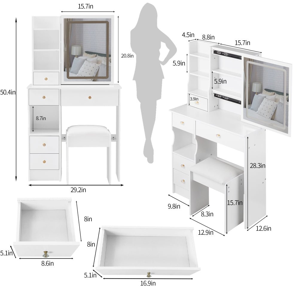 29.2" small size left drawer desktop vanity table + cushioned stool, large sliding, touch control, tri color switching