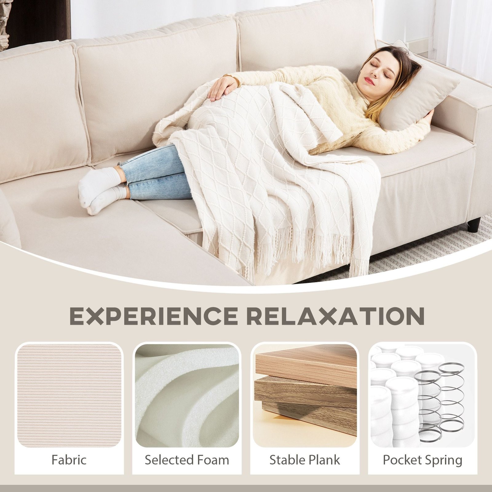 cream white corduroy l shaped sectional sofa with reversible chaise lounge corner corner sofa with pocket spring