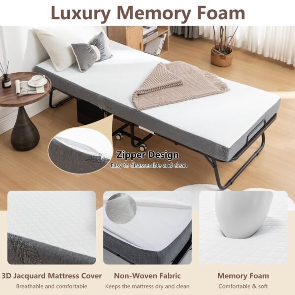 portable 75 in. x 31 in. metal frame rollaway bed with memory foam mattress & wheels 31 in. folding bed