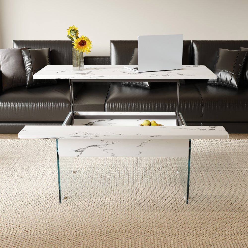 43.3 inch lift top coffee table w/storage black marble & tempered glass (300lb capacity) space saving, multi color