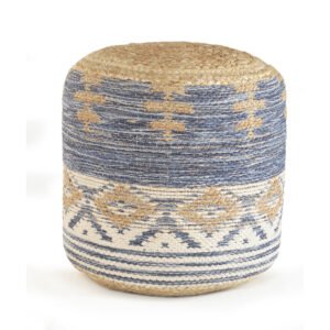 solid wood 18" blue cylinder geometric pouf ottoman modern bench stool for bedroom living room storage seat made mdf leather