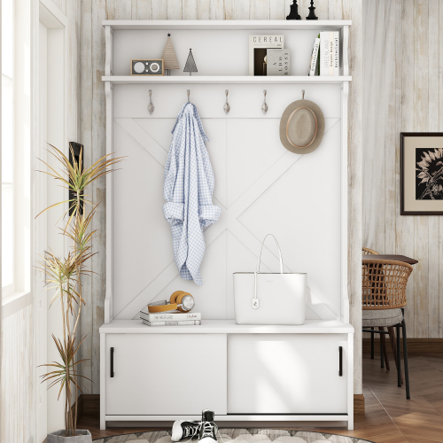 fcj hall tree coat rack with 5 hanging hooks and top shelf storage bench sliding door shoe cabinet for entryway or hallway