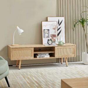55.12" rattan tv cabinet for tv up to 65 " living room tv cabinet furniture home office furniture natural color
