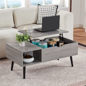 39" grey lift top wood coffee table with hidden compartment and storage shelf for living or reception room