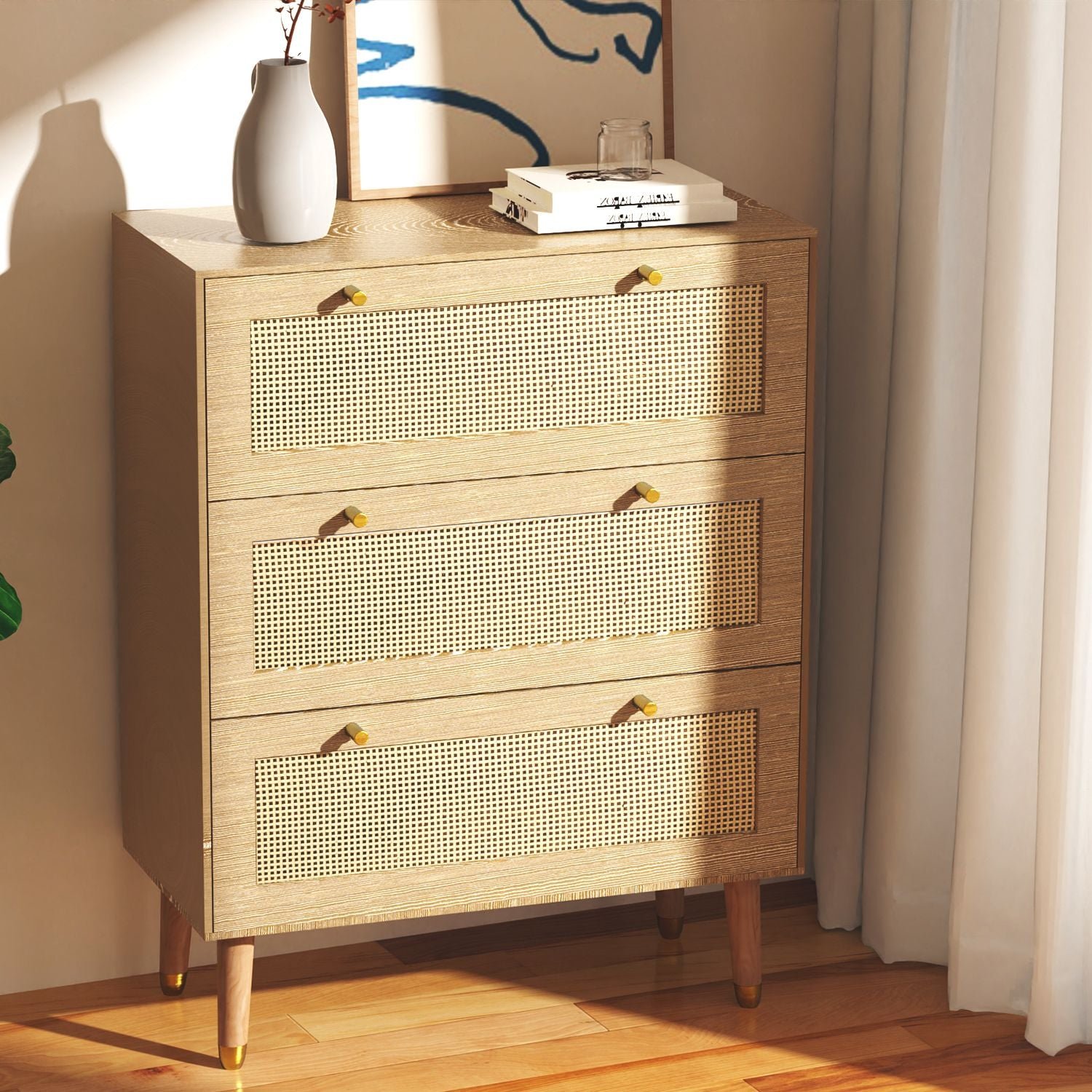 3 drawer solid wooden rattan dresser for bedroom hallway or living room with spacious storage and metal handles oaken color