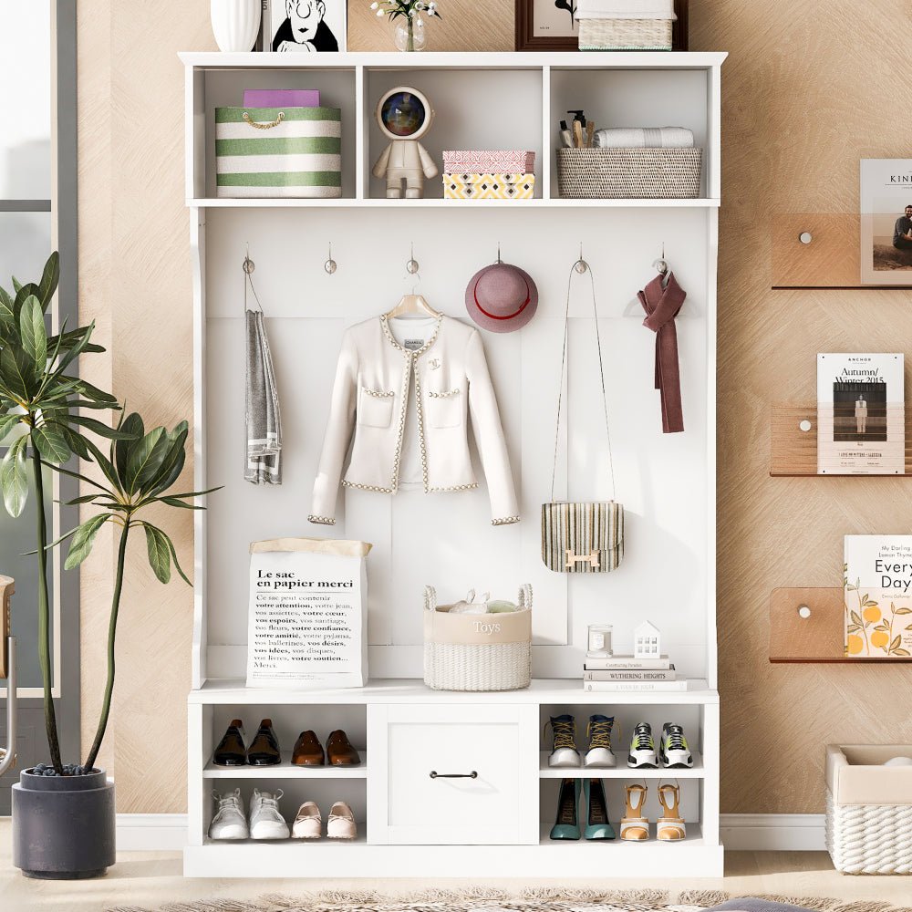 43.3'' entryway bench with coat rack, 3 in 1 design and adjustable shelves, hall tree with 7 hooks for entrance, living room