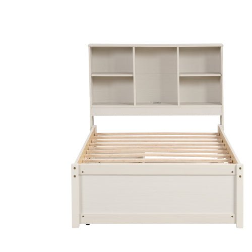 fcj modern twin size bed frame white washed color with led lights built in usb port bookcase headboard 2 drawers storage bed