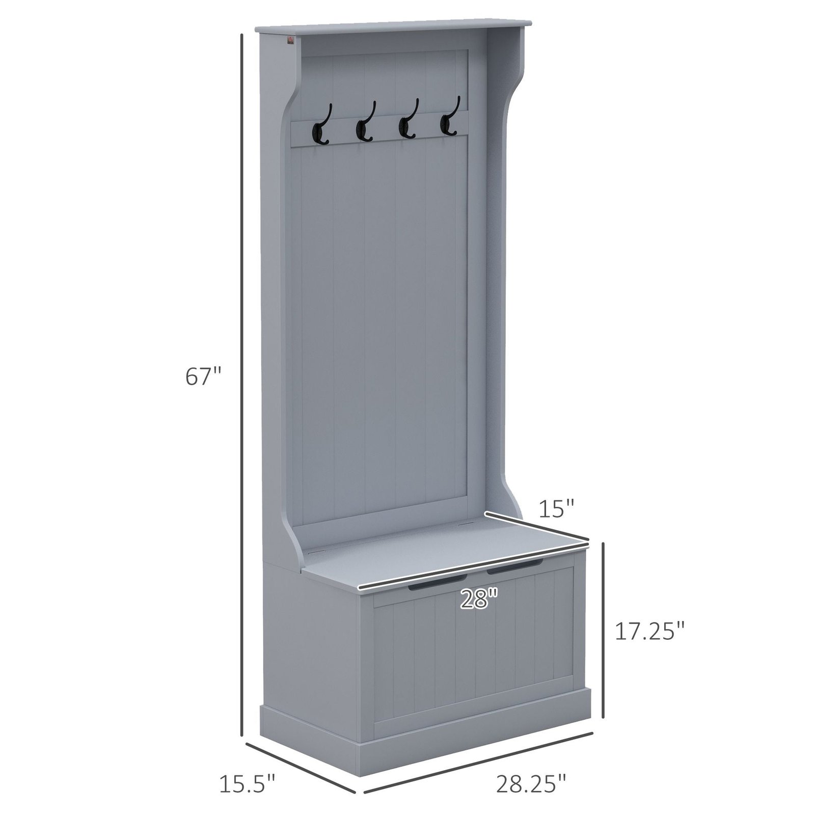 gray entryway hall tree coat rack with sitting bench and storage hooks for mudroom use