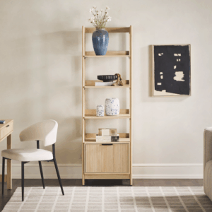 fcj oak transitional narrow bookshelf with drawer for home office workshop living room melamine wood style for book storage