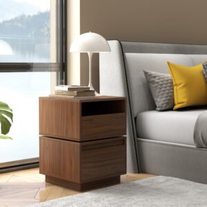rotatable nightstand end table, bedside table with 2 drawers, 2 drawer dresser for bedroom, walnut