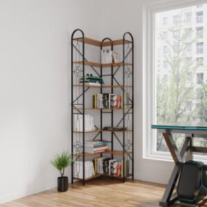 7 tier industrial corner bookshelf, wood and metal corner etagere bookcase, l shaped bookshelf freestanding display shelf