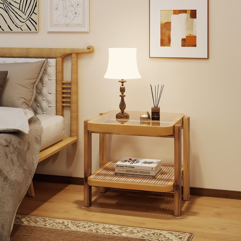2 tier rattan end side table with tempered glass top and acacia wood legs for living room furniture