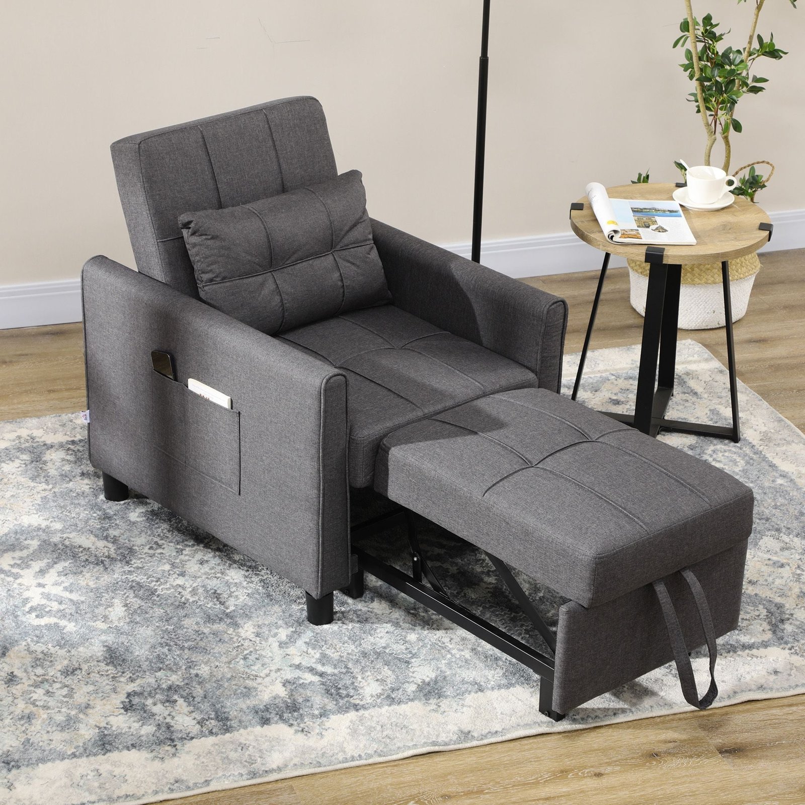 3 in 1 gray sofa bed with pillow pockets adjustable backrest foldable lounge chairs three position feature
